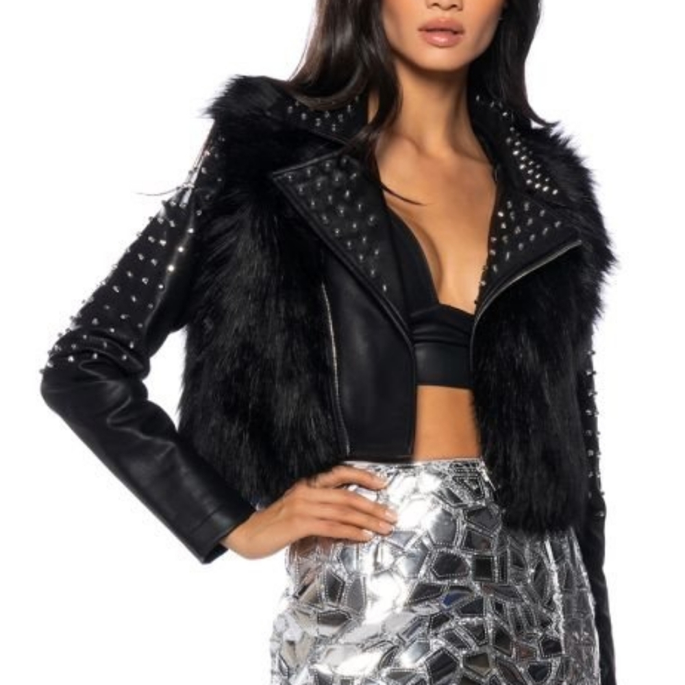 Studded faux fur jacket